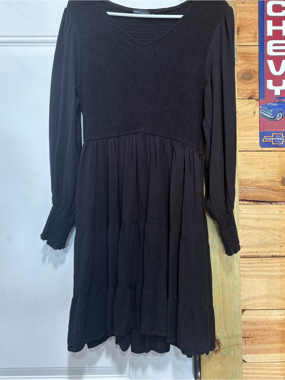 Women's Black Long-Sleeve Smocked Bodice Dress
